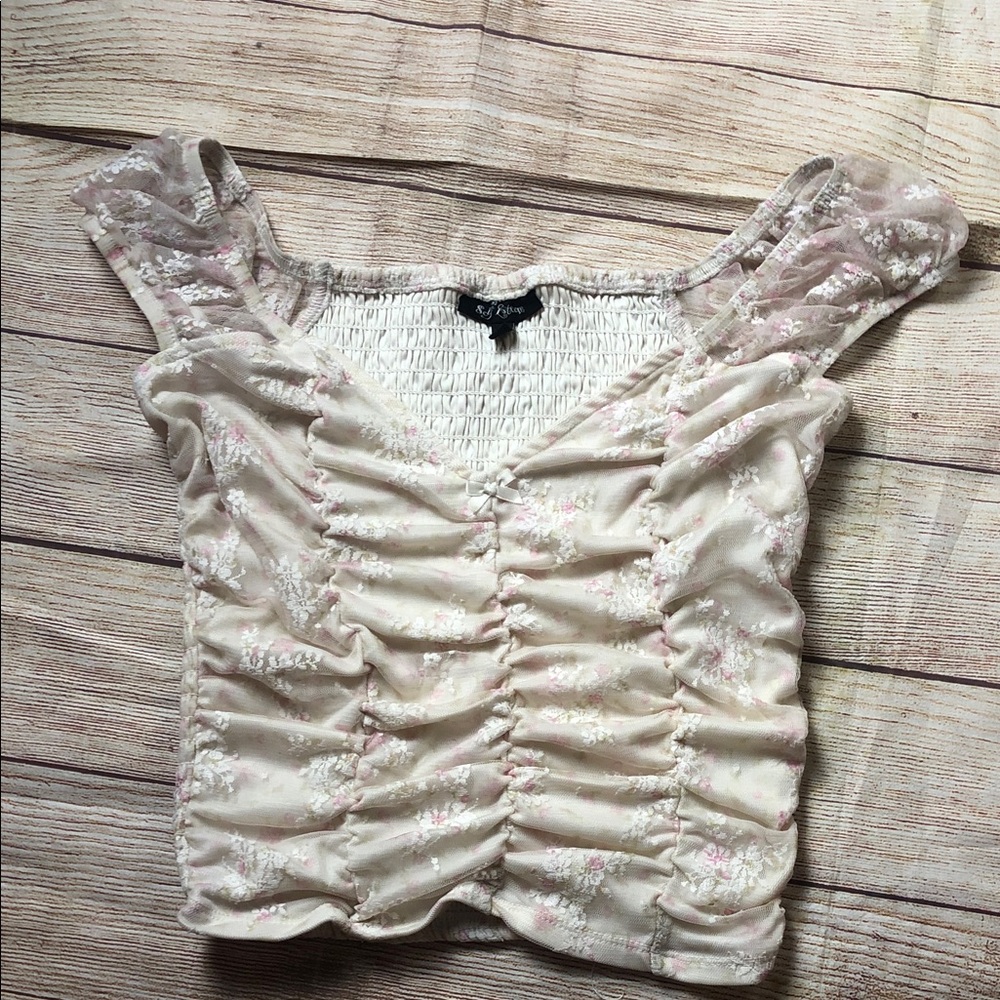 Floral Ruched Cream Lace Fairy Top